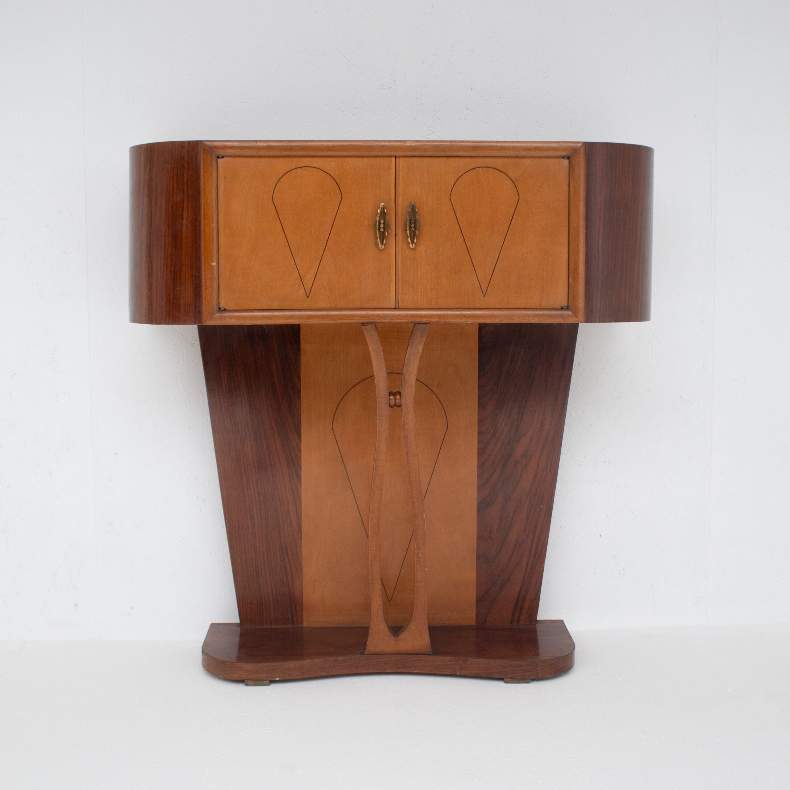 Art Deco Walnut Console with Inlay Details — front view in minimalist setting