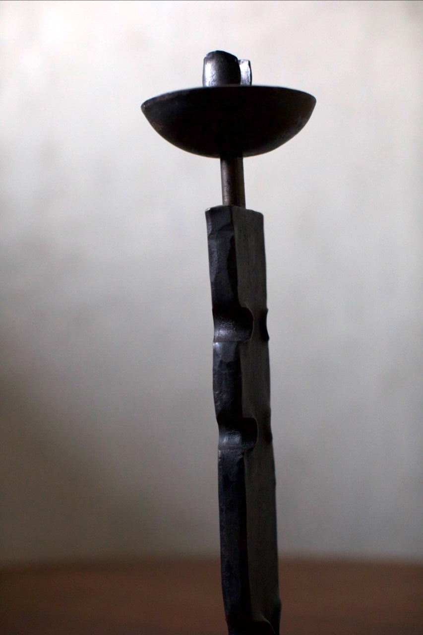 Brutalist Candleholder — side angle showing textured black metal design