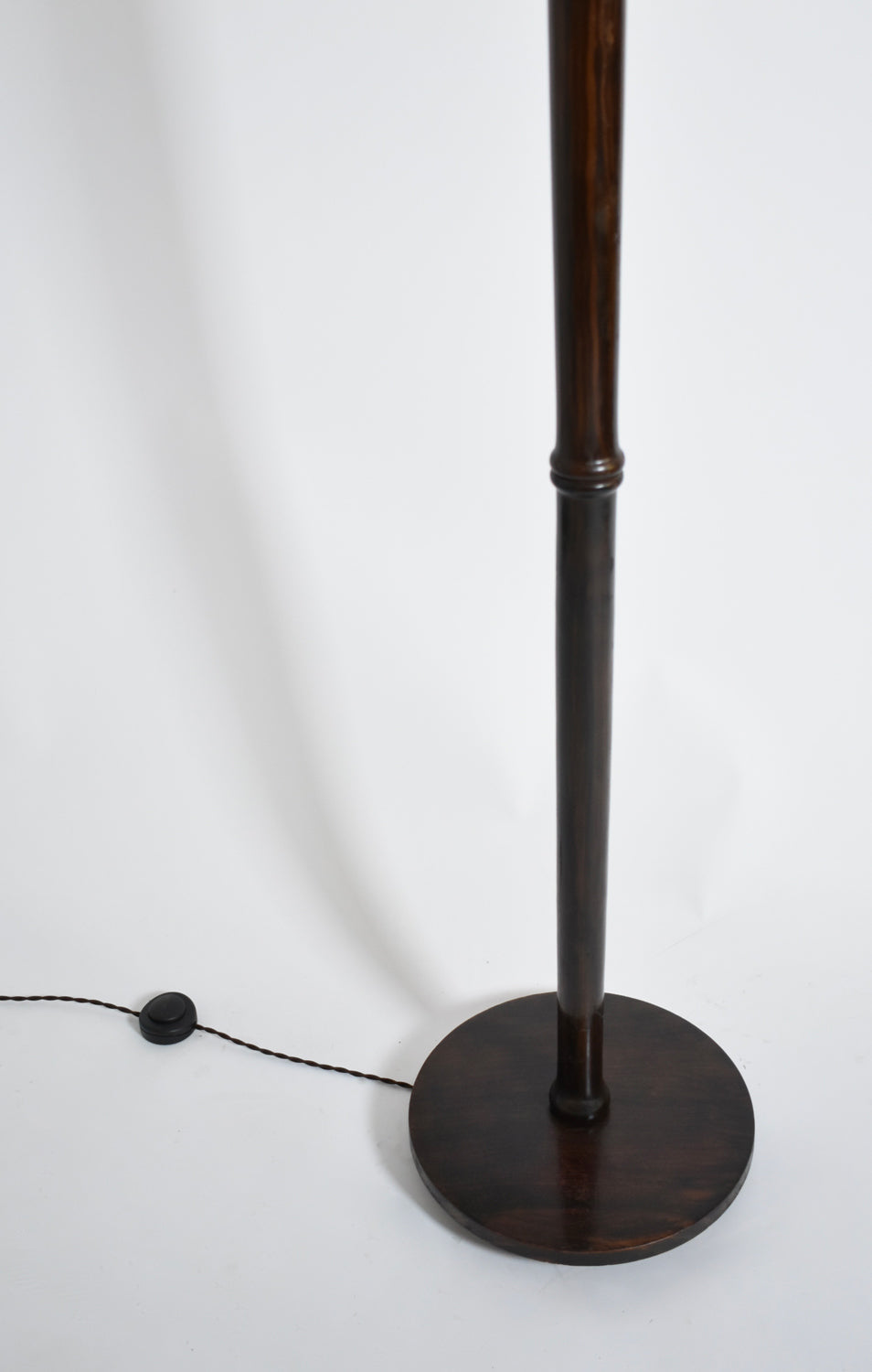 Wooden Art Deco Floor Lamp, 1930s — close-up of dark wooden base and switch
