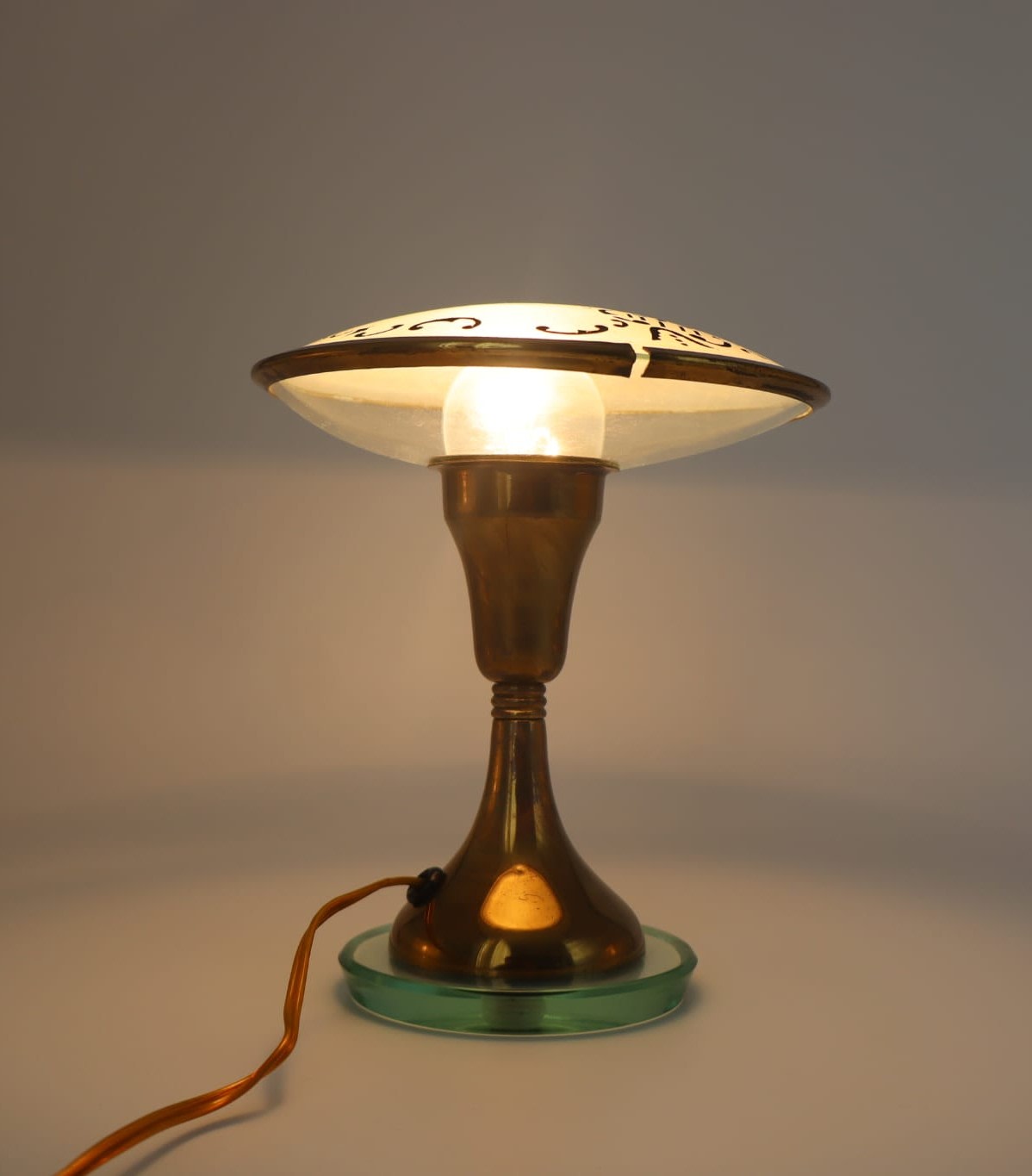 Italian Small Table Lamp, Brass, Glass, Italy, 1940s — close-up of brass base and glass shade