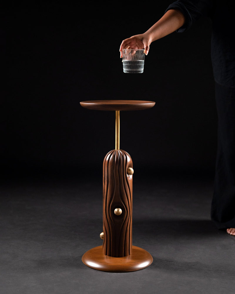 Linea Cocktail Table — close-up of wooden base with brass accents