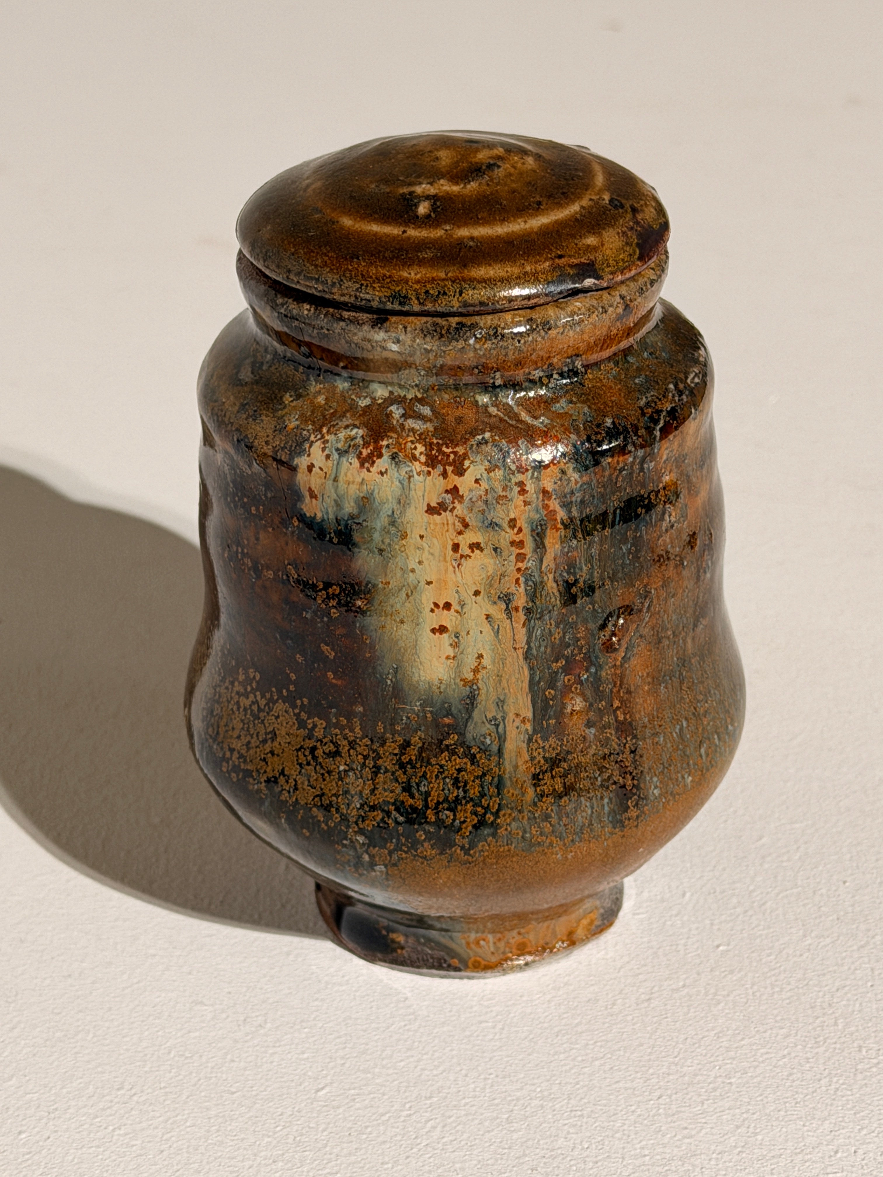 Covered glazed stoneware pot, France, circa 1960–1970. — close-up