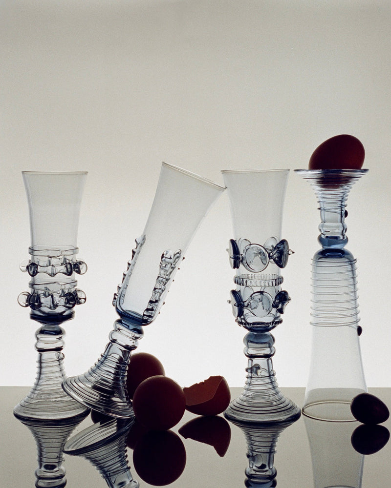 Mouthblown Champagne Coupe & Flute - Set of Four by Lucie Claudia Podrabska | The Oblist — clear glass, modern design