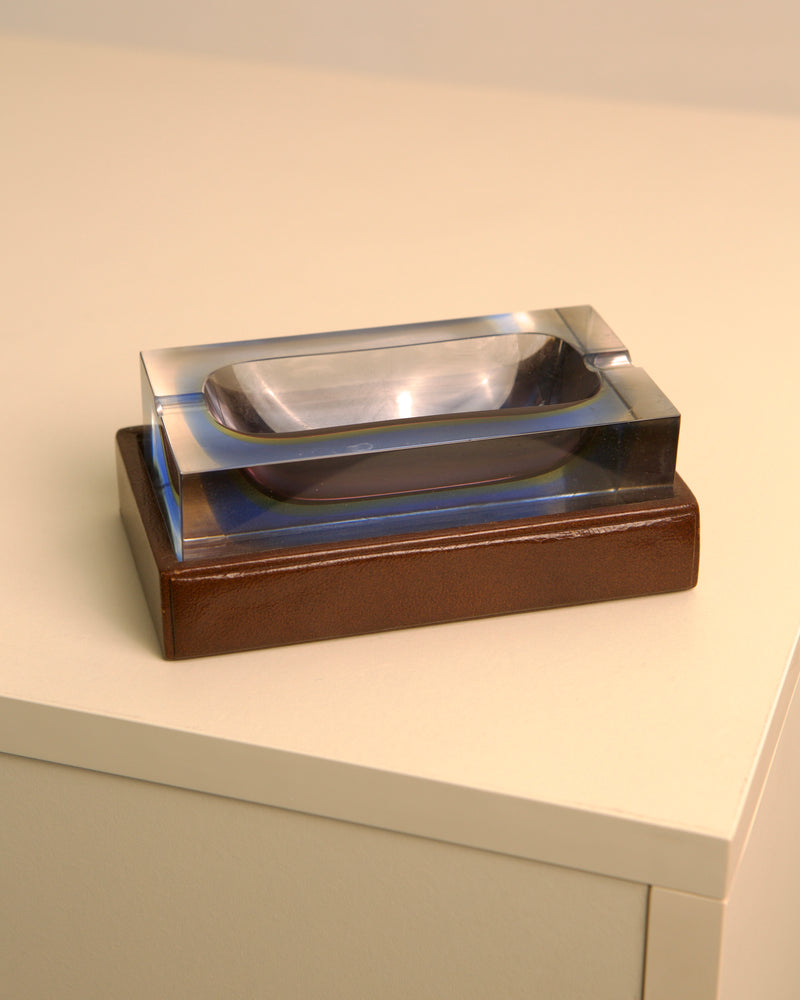 Bloc leather crystal ashtray by Flavio Poli Seguso on wood base