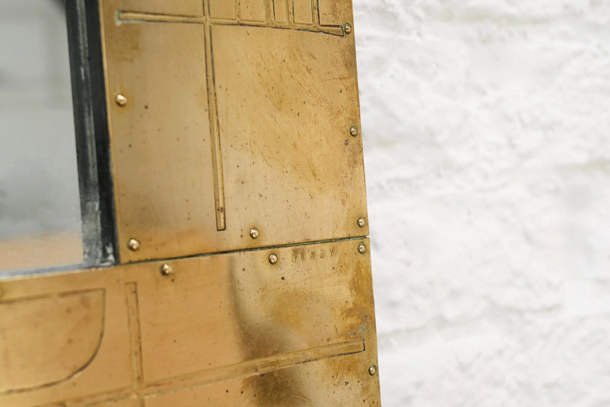 Jean Blazy Sculptural Etched Brass Mirror, France, 1970s — side angle