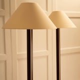 Wood & Lacquer Floor Lamps - France 1960s — side angle showing cream shades and wooden bases