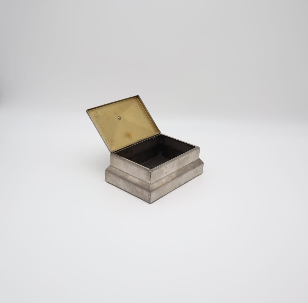 Art Deco Stepped Pewter Cigar Box with Bakelite Finial, 1930s — detail view