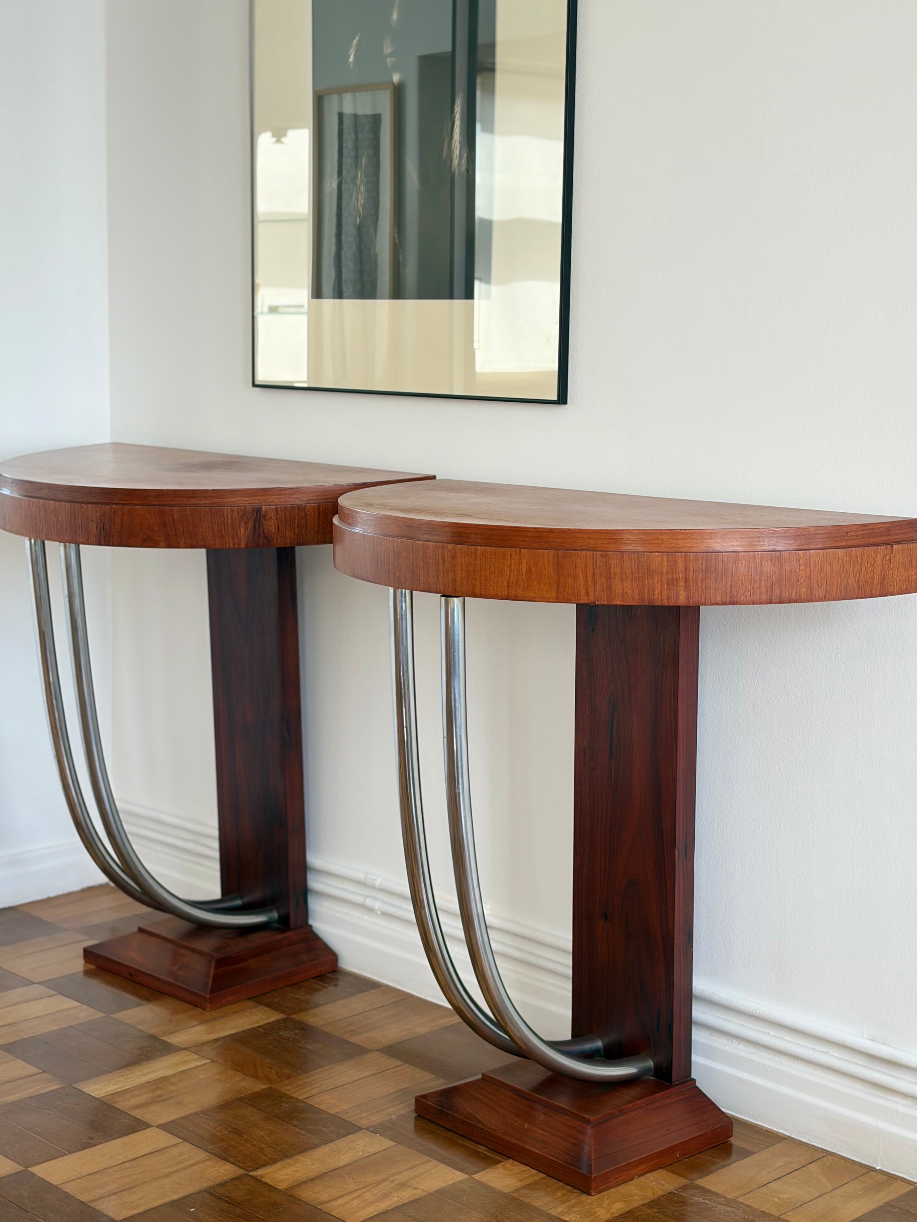 French Art Deco Rosewood Demilune Console Tables, Pair, c. 1930s — additional view
