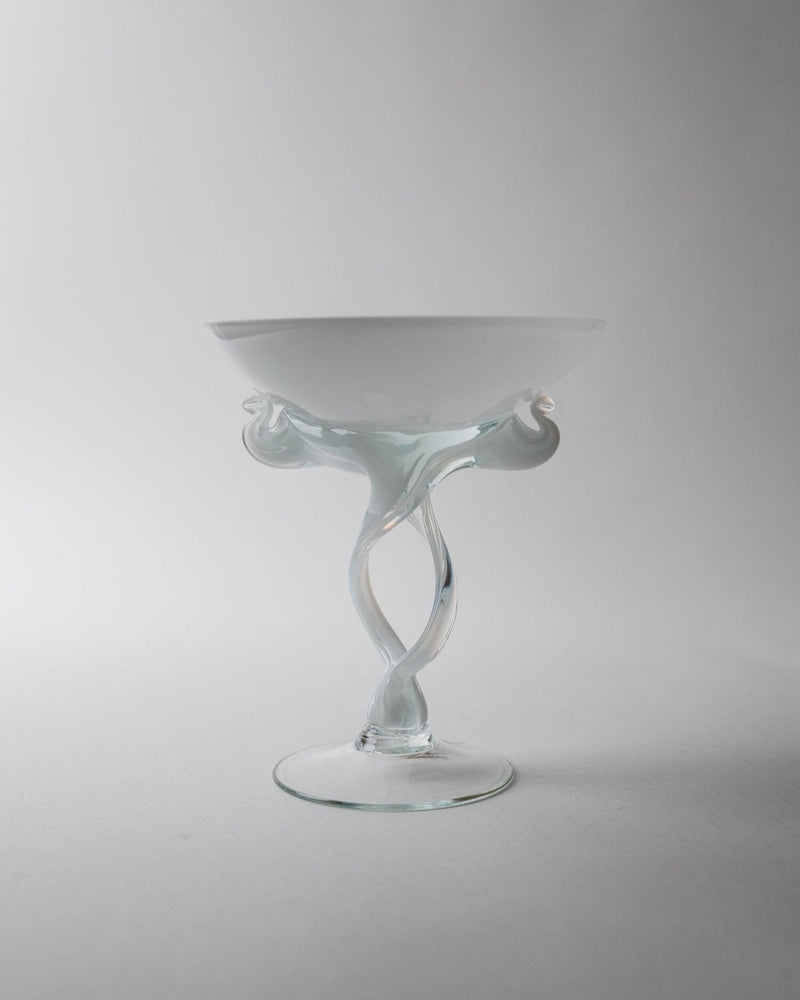Vintage 1970s Martini Glass or Candleholder, Hand Blown Art Glass, Curved White and Clear Swirl Stem, Sculptural Decor, Elegant Gift Idea — in context