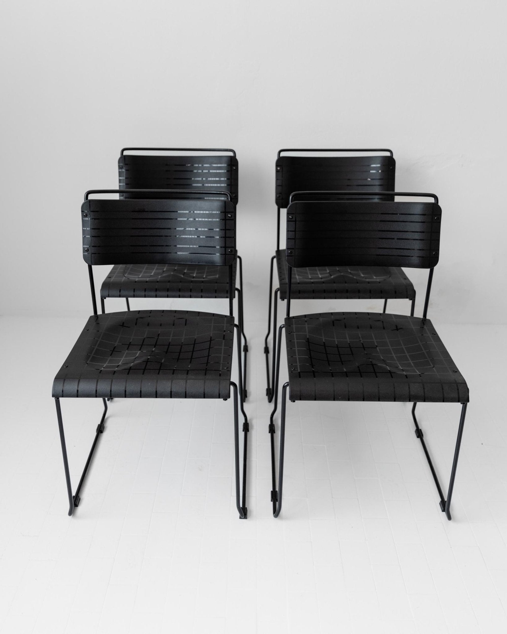Vintage 1980s Dining Chairs, Set of 4, Postmodern Design, Black Metal and Plastic, Check Texture, Minimal Italian Design, Retro Interior — close-up