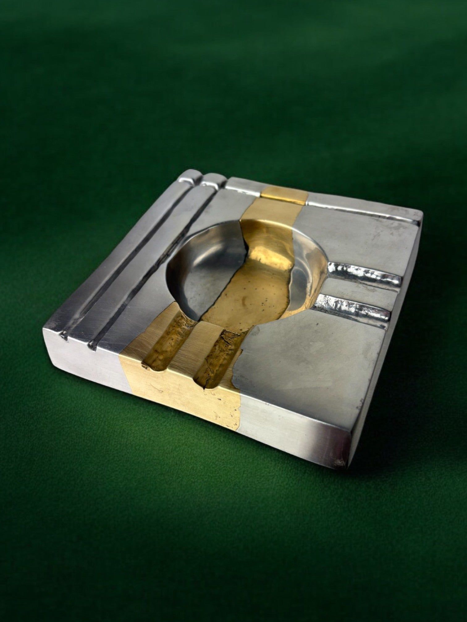 Brutalist Ashtray by Art3, Spain, 1970s — angled view on green backdrop