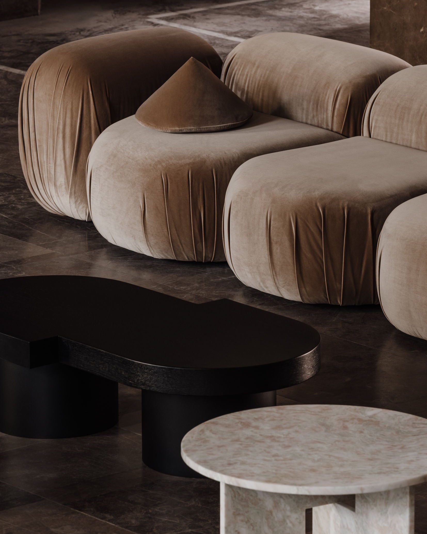 Coffee Table Object100 — side angle showing black wood finish in modern living room