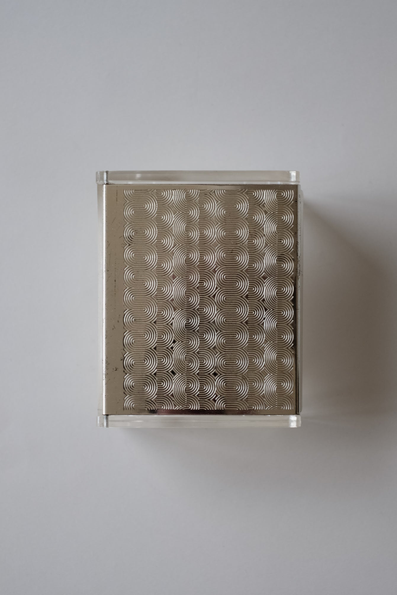 Mid-century Modern Jewelry Box — top view of silver patterned surface