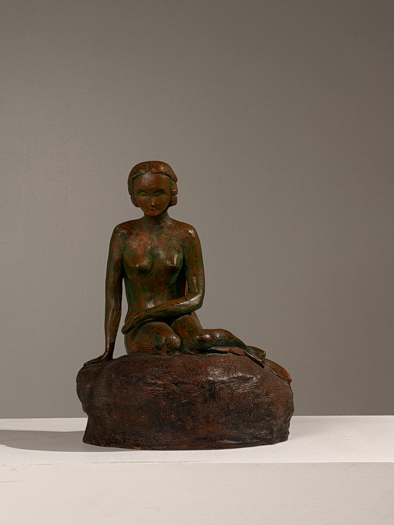 Seated female nude on a rock, terracotta, G. Lenaerts, circa 1930 by Figuresdesign | The Oblist