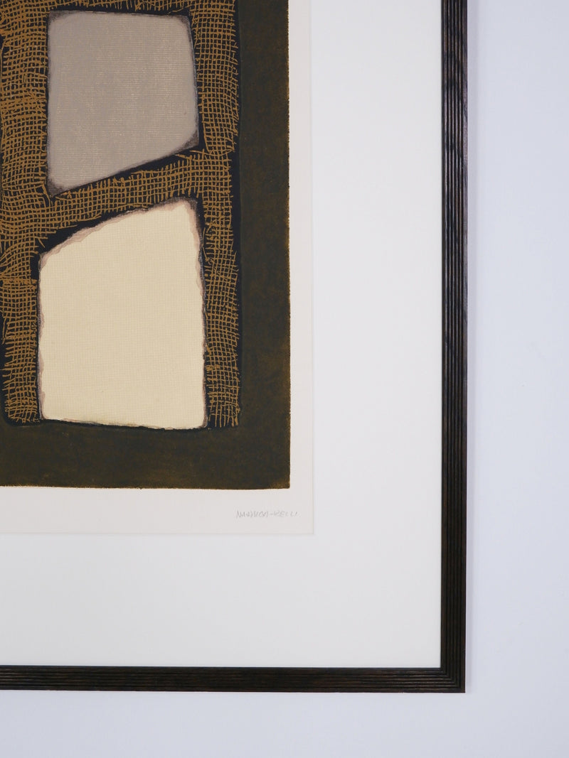 Abstract geometric etching with beige forms on burlap texture