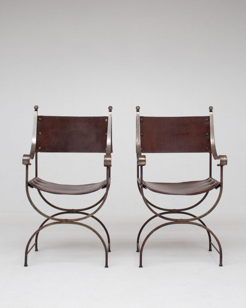French pair of Iron Curule Chairs in Leather by Malata Antwerp | The Oblist — handcrafted leather, iron frame