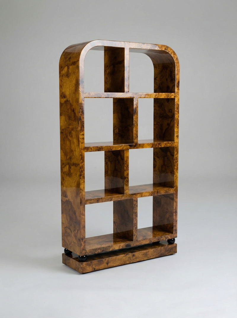 Calisto' Olive Burl Bookcase — close-up of olive burl texture