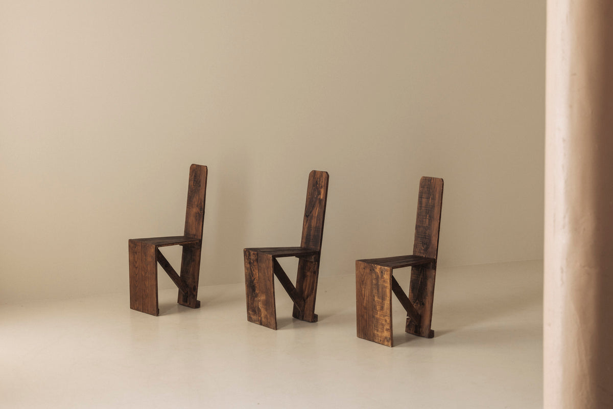Set of 3 Primitive French Wooden Chairs, 1940s–1950s — additional view