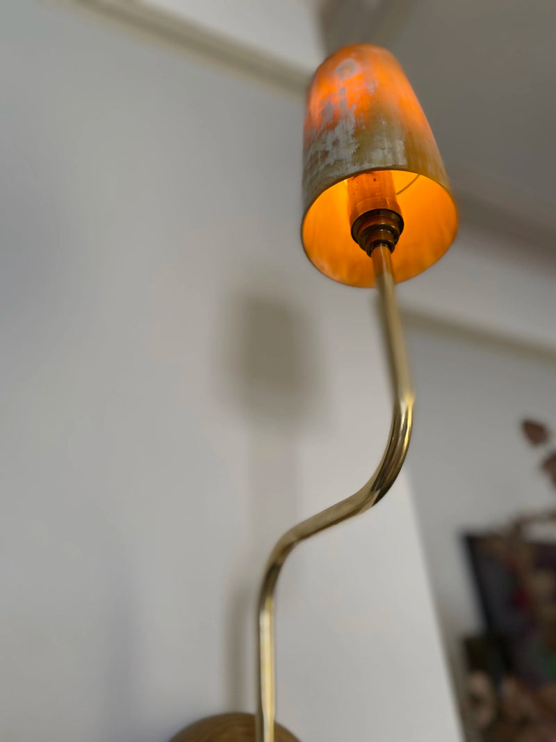 Contemporary Pendant Light in Oak - Horn Collection — close-up of brass arm and orange shade