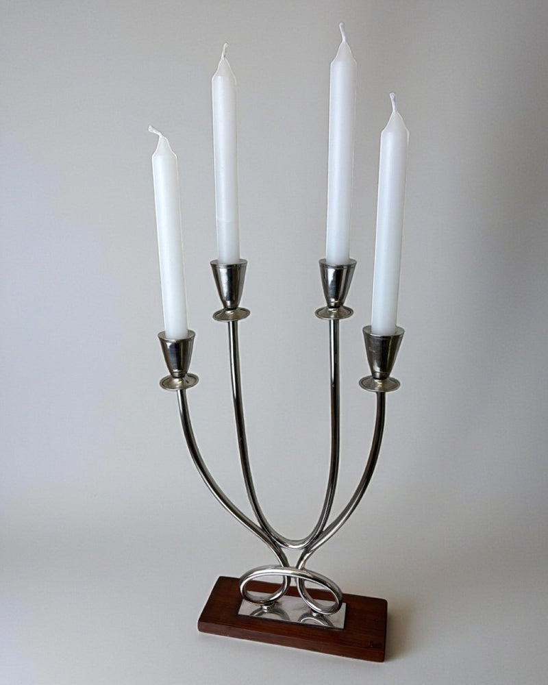 Art deco candlestick in stainless steel and rosewood, 4 flames, Spain, 1970's by Malamar Studio | The Oblist