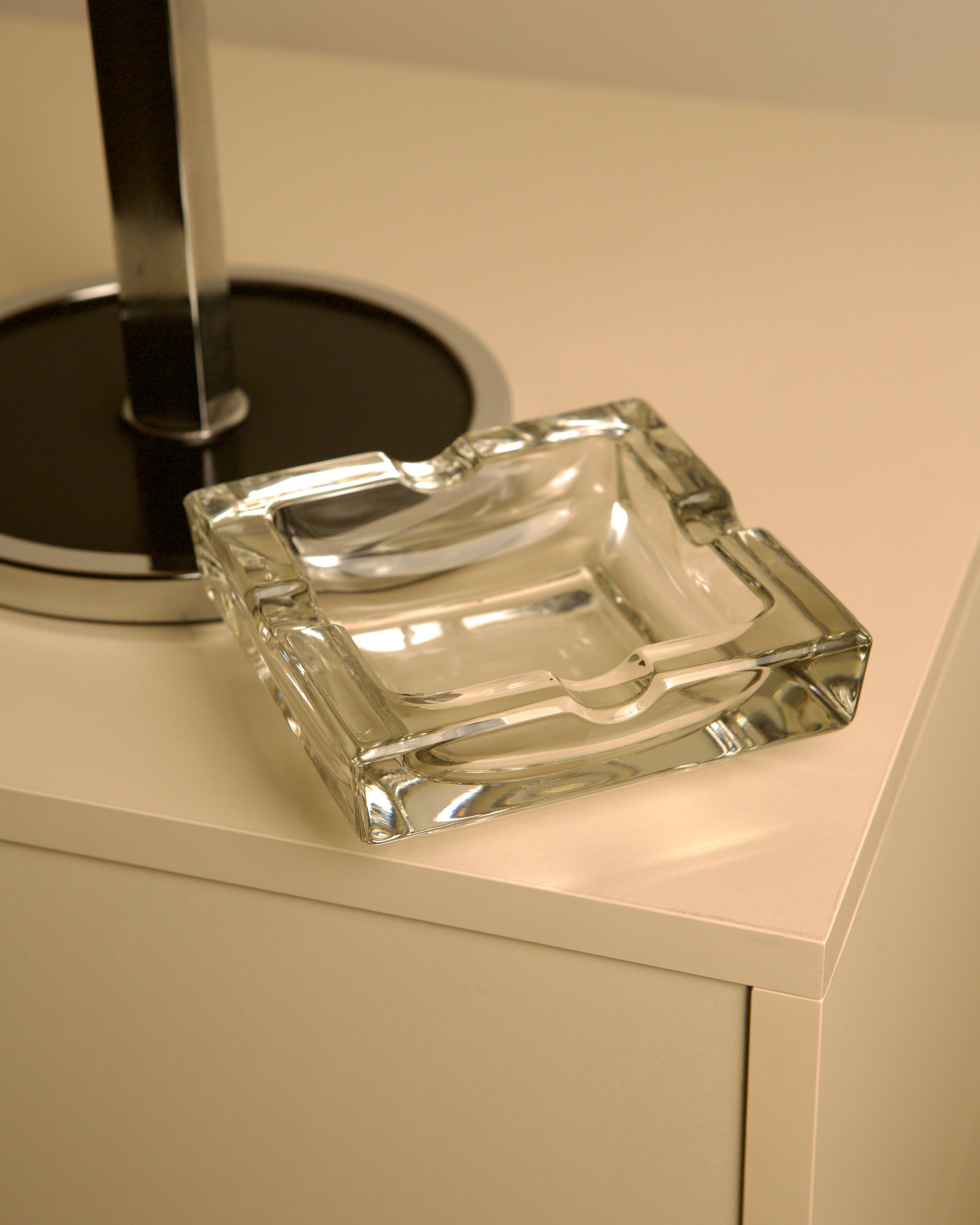 Italian Crystal Ashtray on a Chromed Metal Stand, 1950s — side angle on white surface
