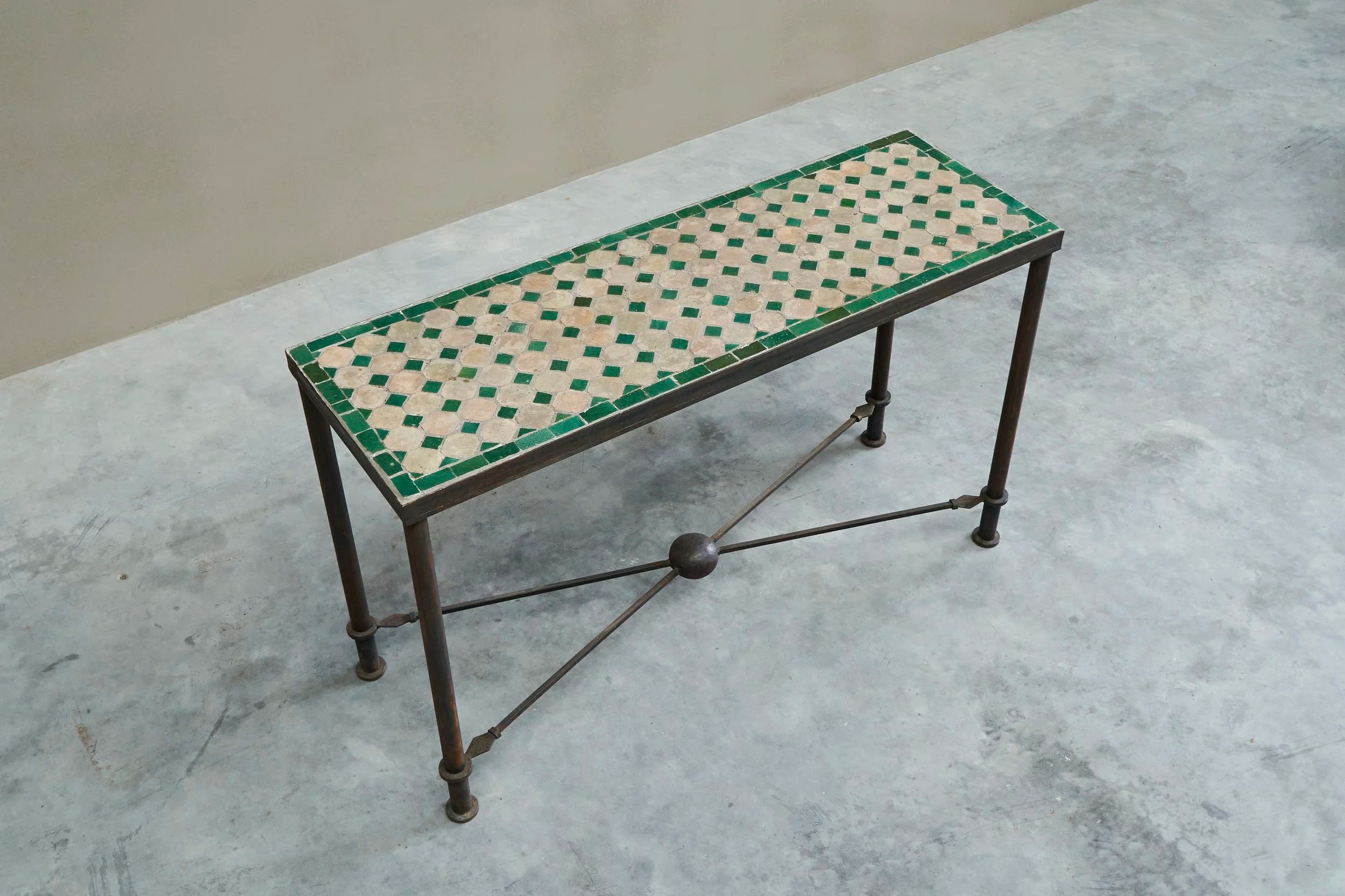 Art Deco Jean-Michel Frank Style Console Table in Patinated Iron and Tiles, 1940s — lifestyle setting