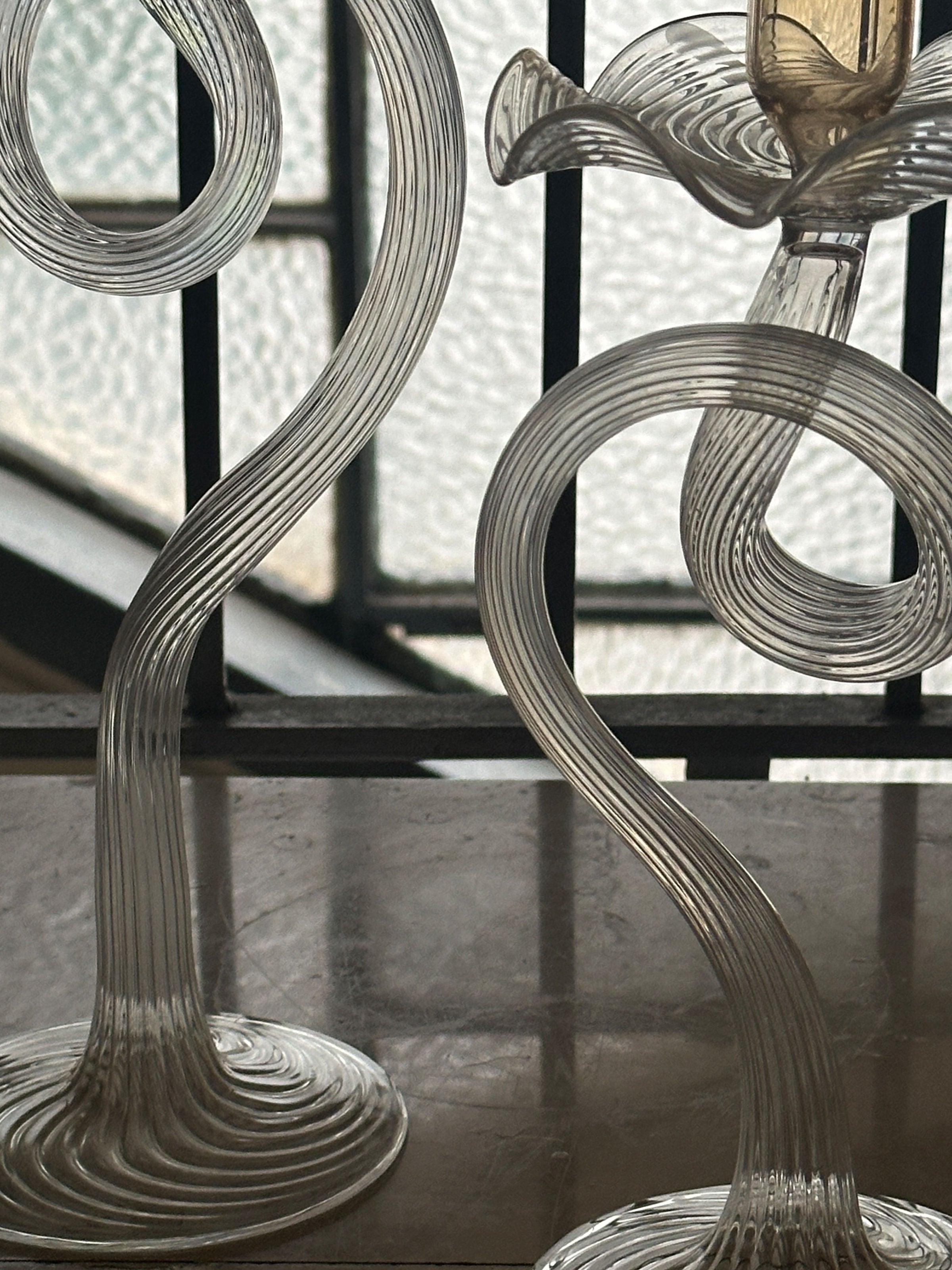 2 Handmade Murano Glass Candleholders — angled view on textured surface