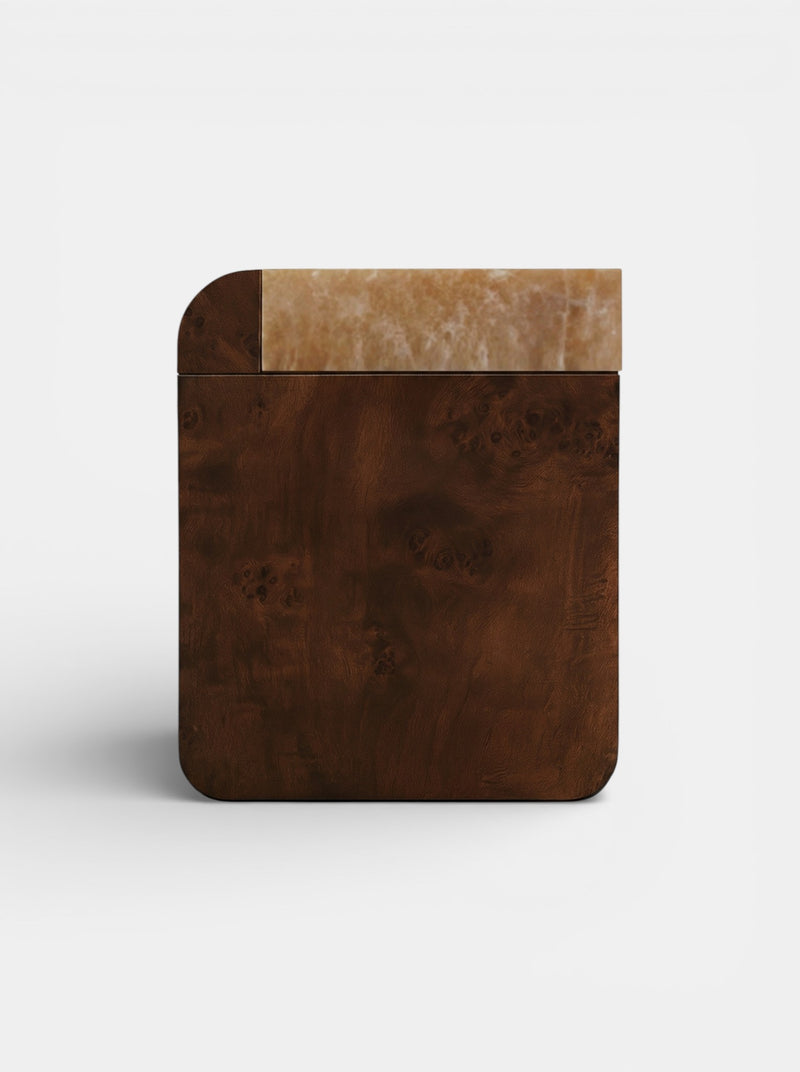 Amo Burl Wood and Honey Onyx Storage Table by Marbera | The Oblist — handcrafted wood and onyx