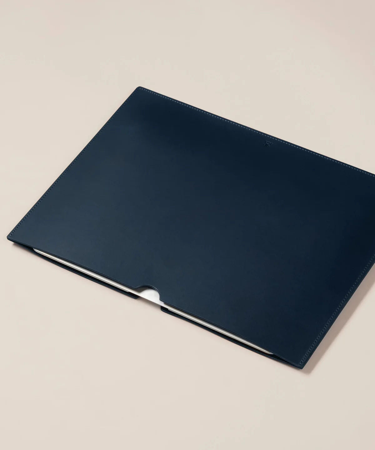 Leather Laptop Sleeve — top view of navy leather material