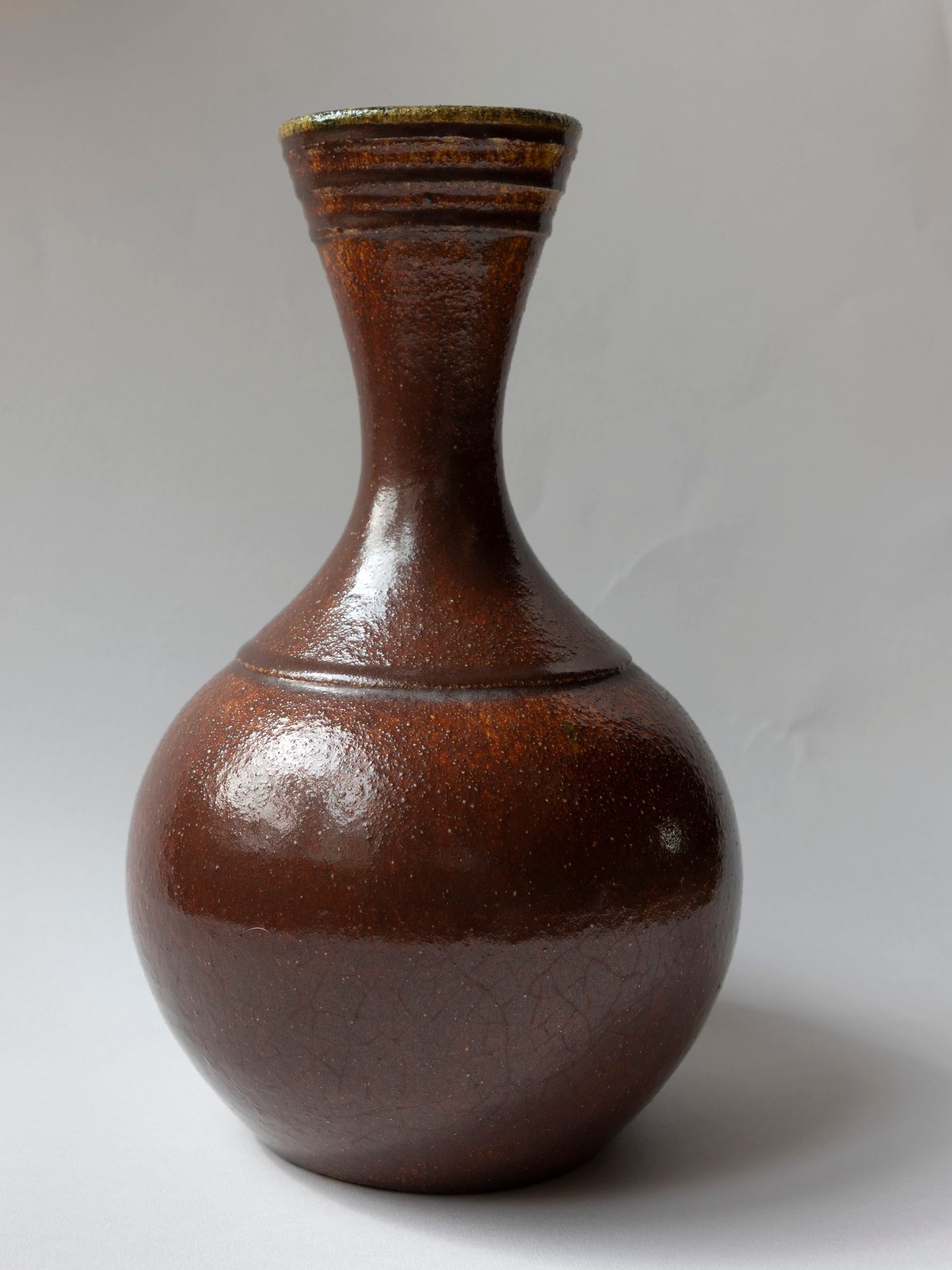 Large Accolay Potters Brown Glazed Ceramic Vase | Burgundy, France - c. 1960s — detail view