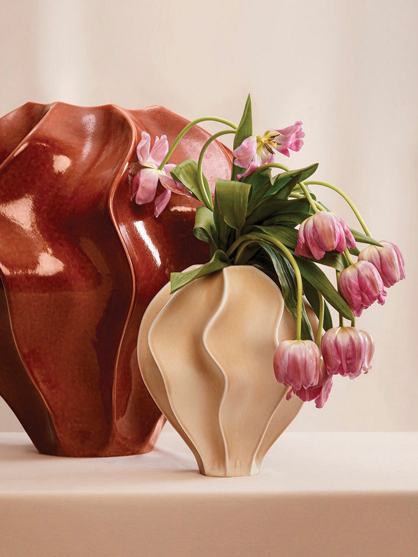 Douro Vase, Oat - Medium — side angle with pink tulips in vase