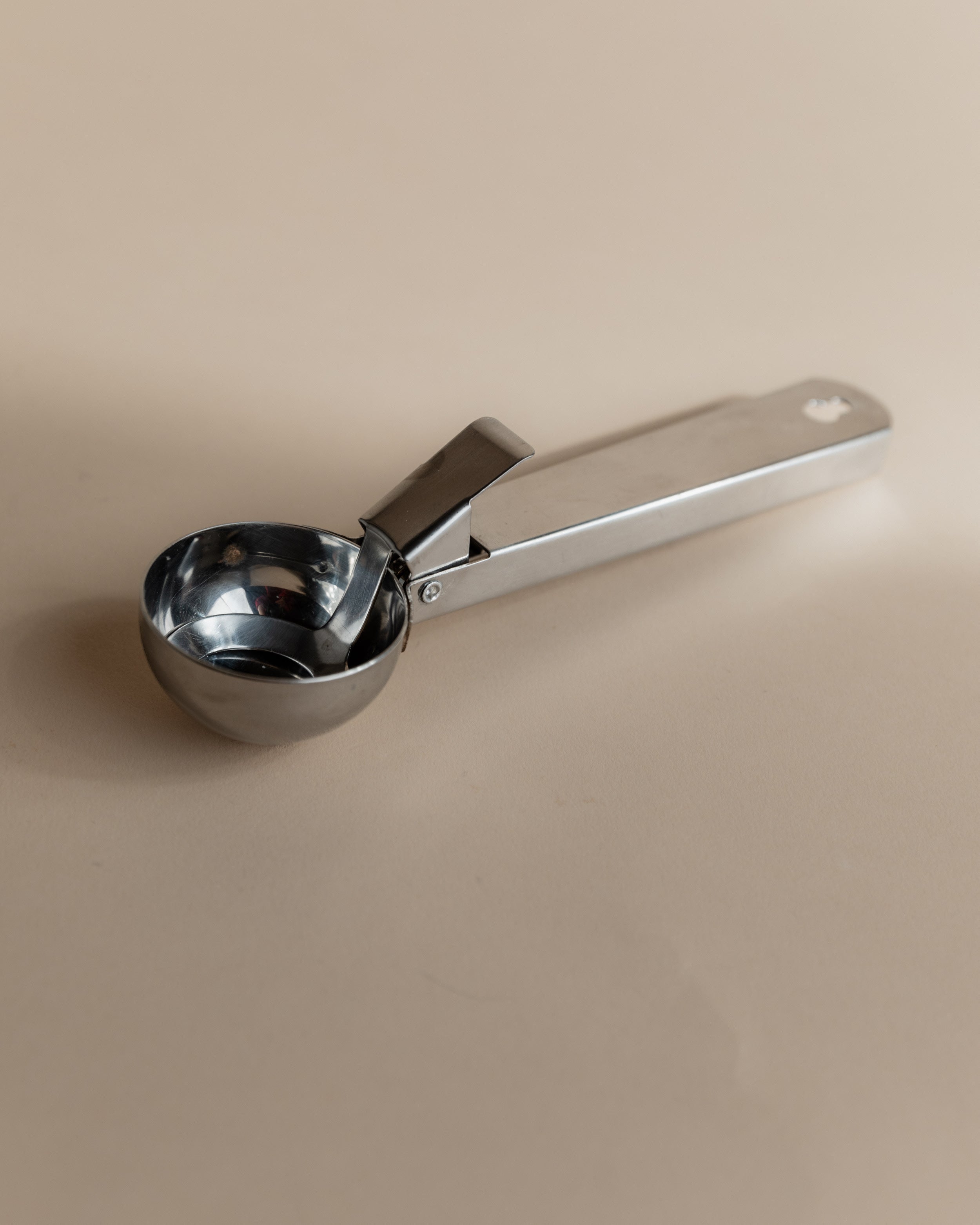 Vintage 1970s Ice Cream Serving Set for 4, Stainless Steel Cups, Spoons, Tray, Scoop — close-up of stainless steel ice cream