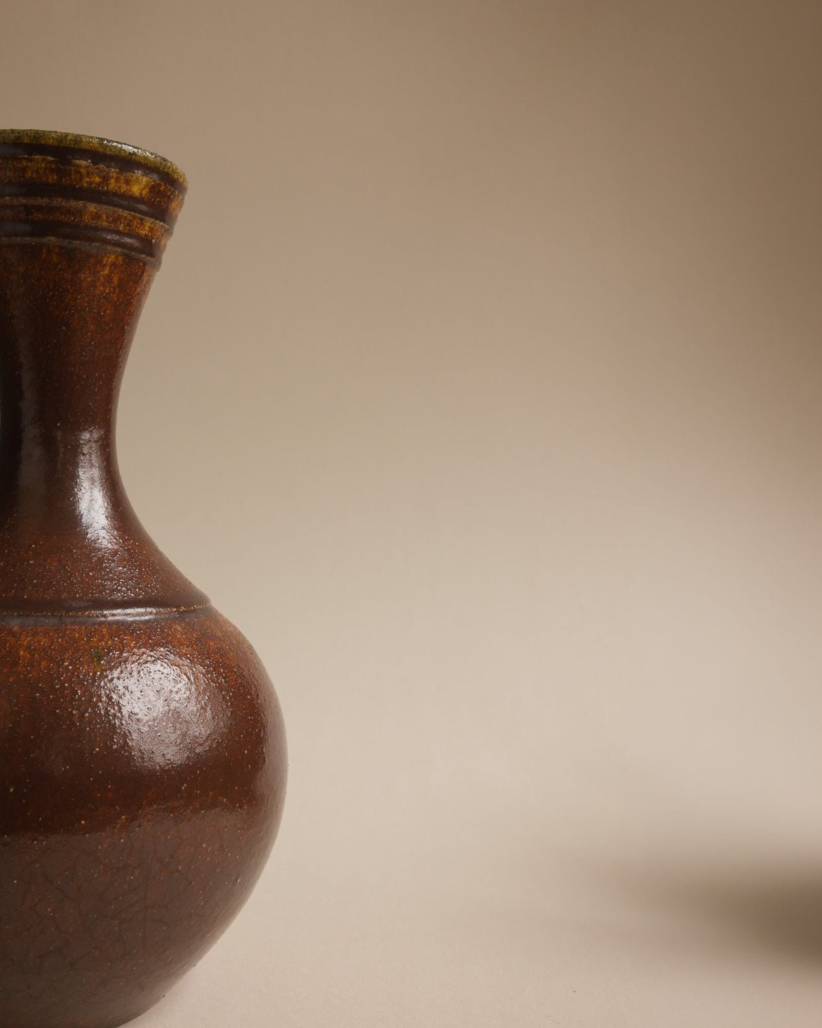 Large Accolay Potters Brown Glazed Ceramic Vase | Burgundy, France - c. 1960s — detail view