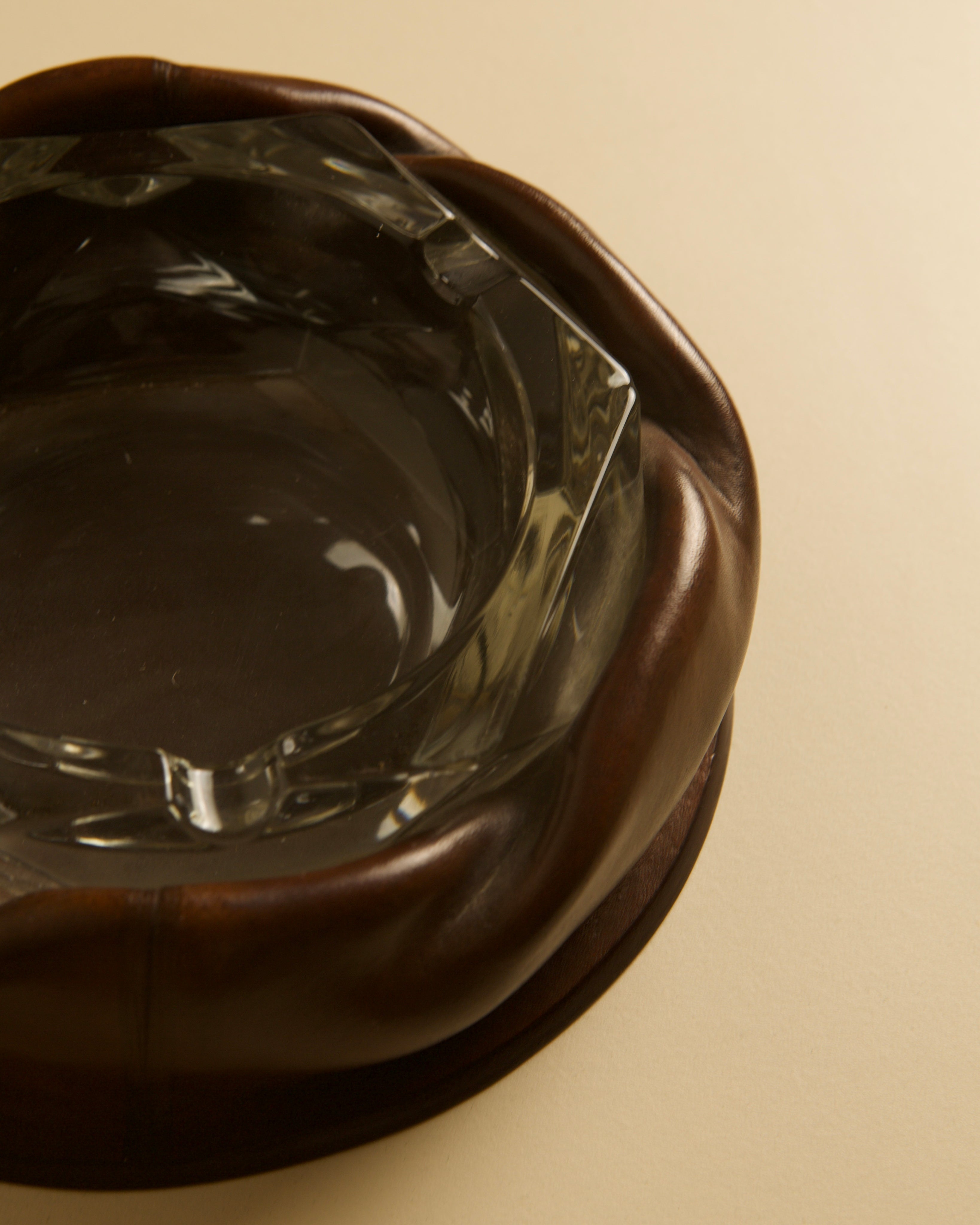 Italian Octagonal Glass Ashtray with Brown Leather Trim, 1960s — top view highlighting glass and leather details