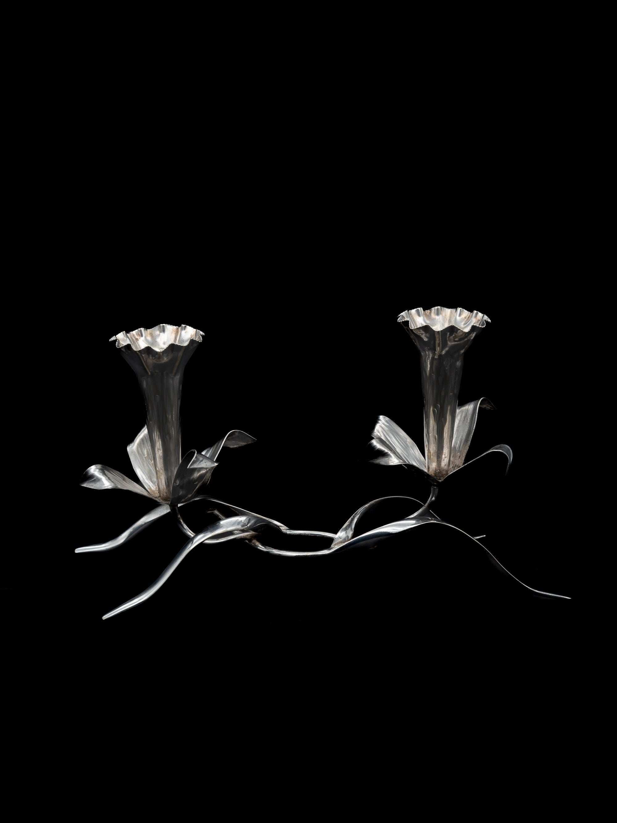 Art Nouveau Silver-Plated Lily Candleholder, England, c. 1900s — close-up of floral design details