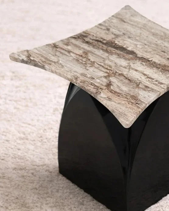 ARCH Side Table - Travertine — close-up of textured travertine top