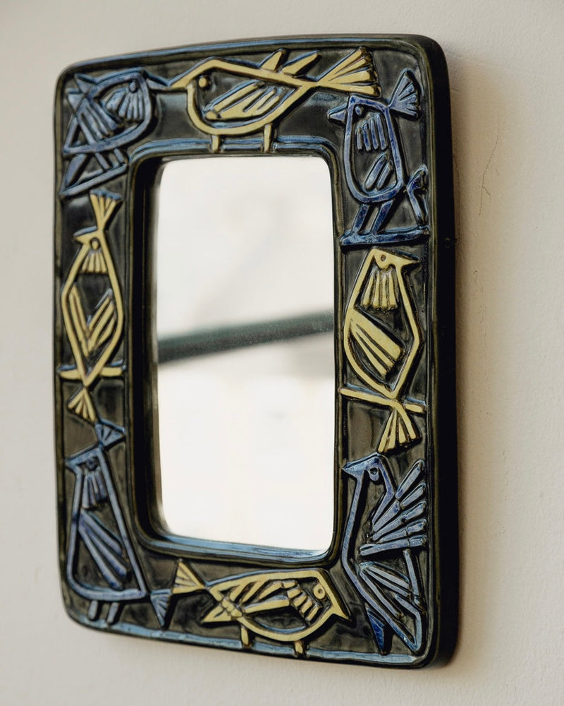 1950's Swedish Mirror by Lisa Larson — close-up of colorful ceramic frame