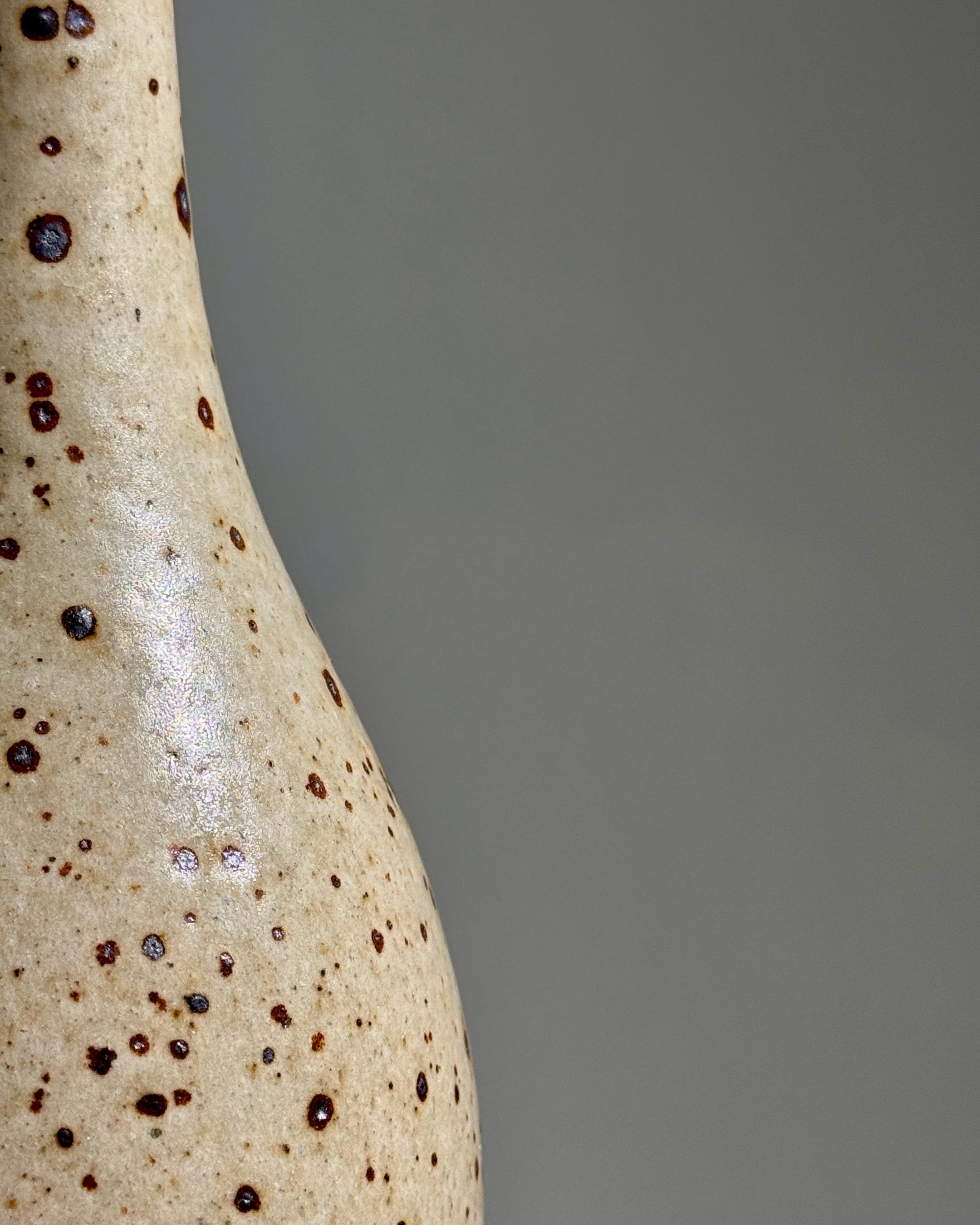 Close-up detail of speckled stoneware vase with dark iron spots