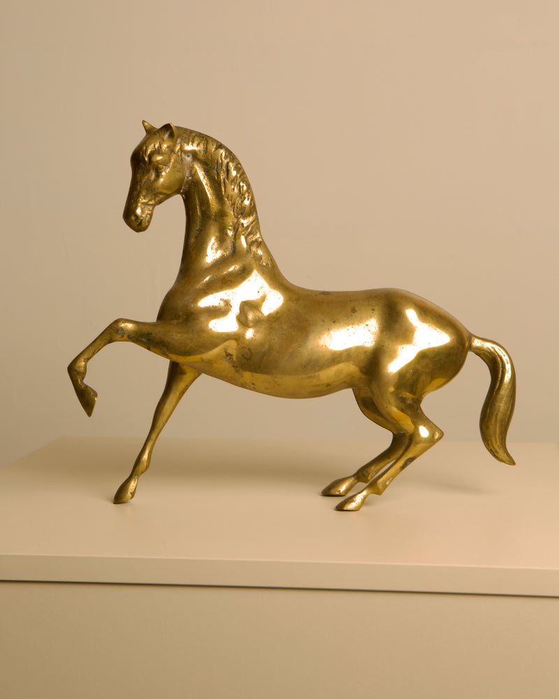 Golden brass horse sculpture in dynamic rearing pose, 1960s Italian design