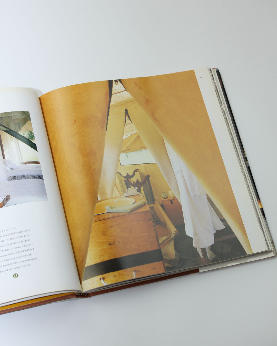 Safari Style' Book — open view of yellow canvas tent interior