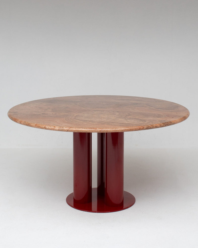 Round Marble Dining Table with Burgundy Lacquered Base by Malata Antwerp | The Oblist — marble top, burgundy base