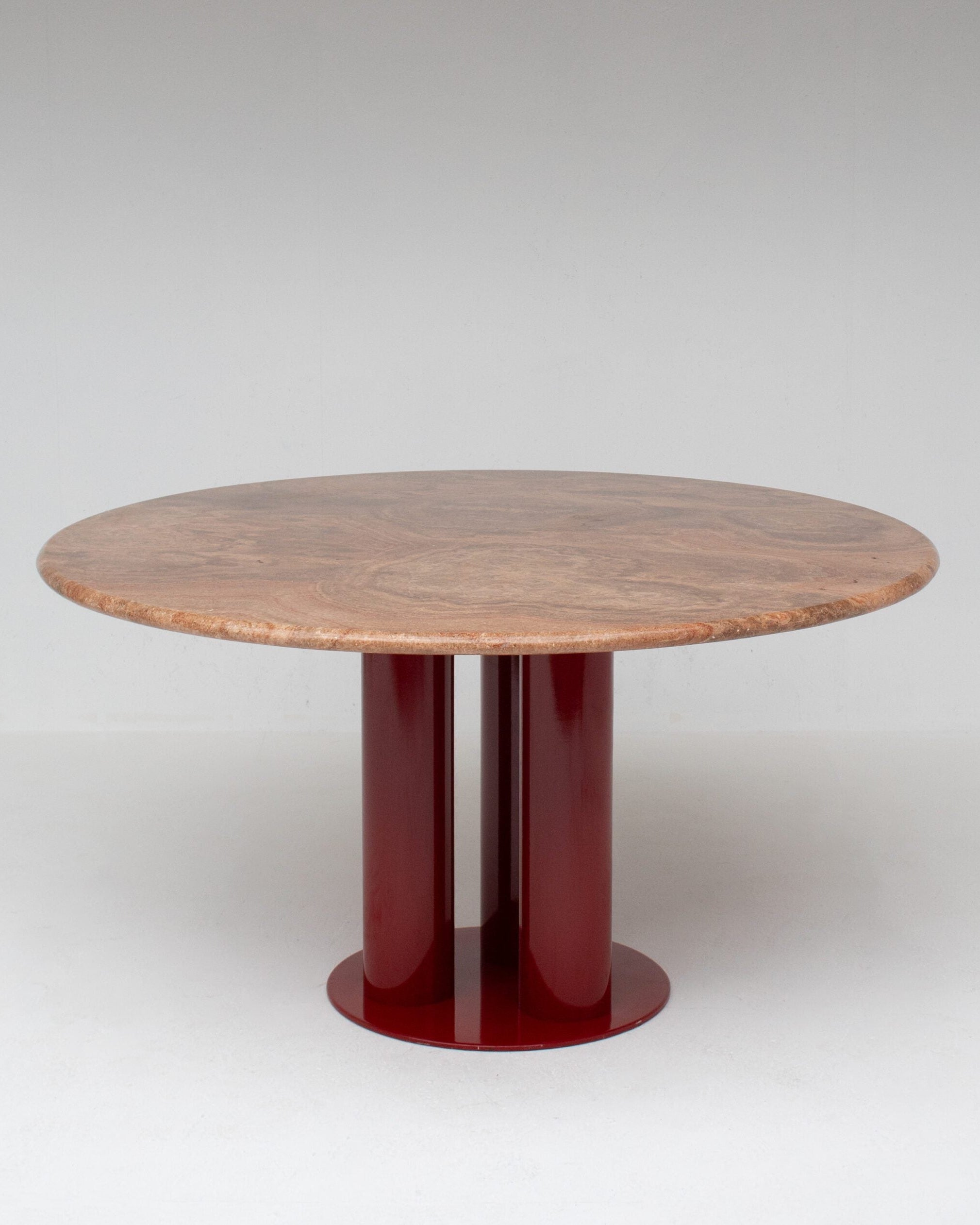 Round Marble Dining Table with Burgundy Lacquered Base by Malata Antwerp | The Oblist — marble top, burgundy base