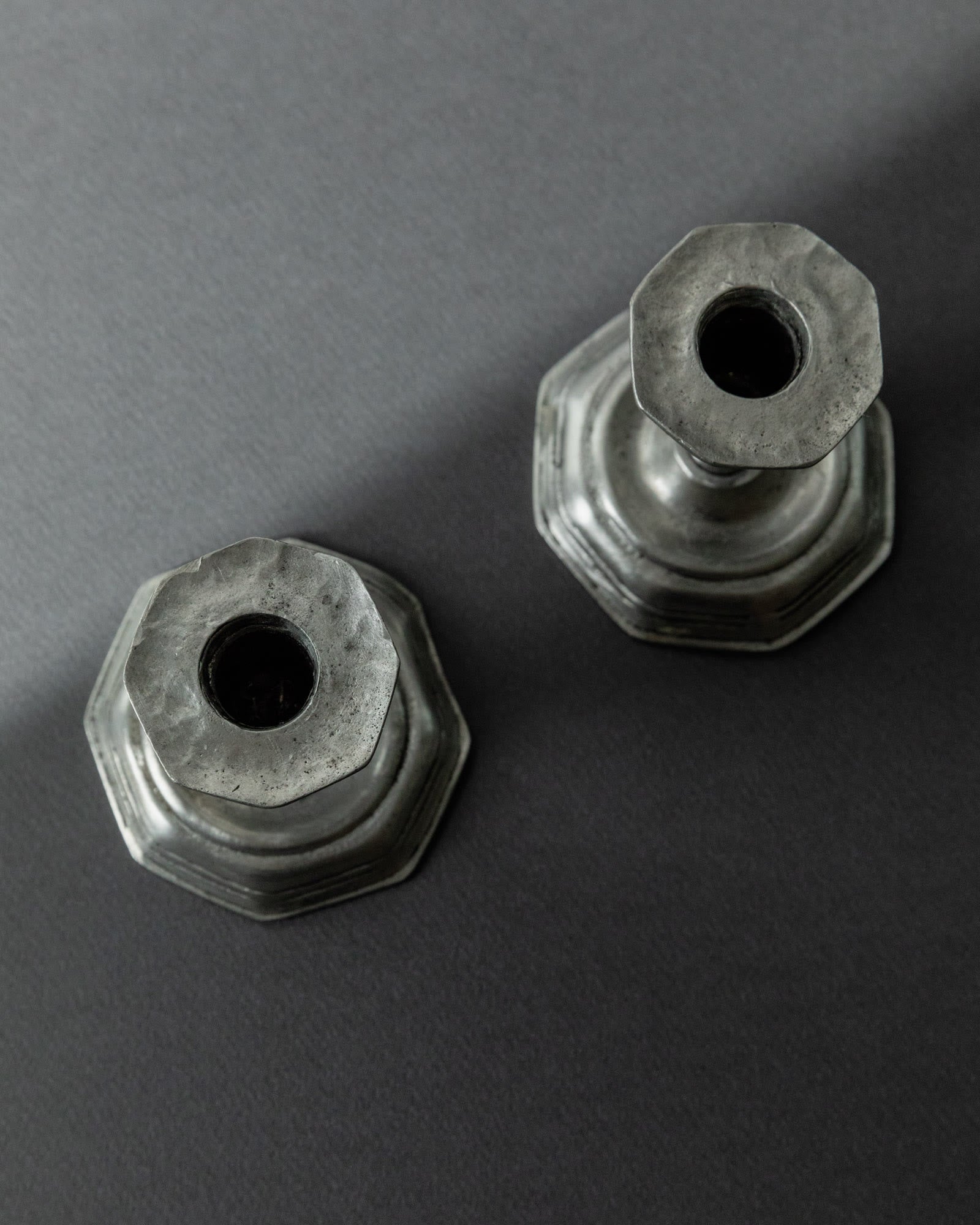 1900s Pewter Candleholders Set of 2 — top view showing octagonal bases