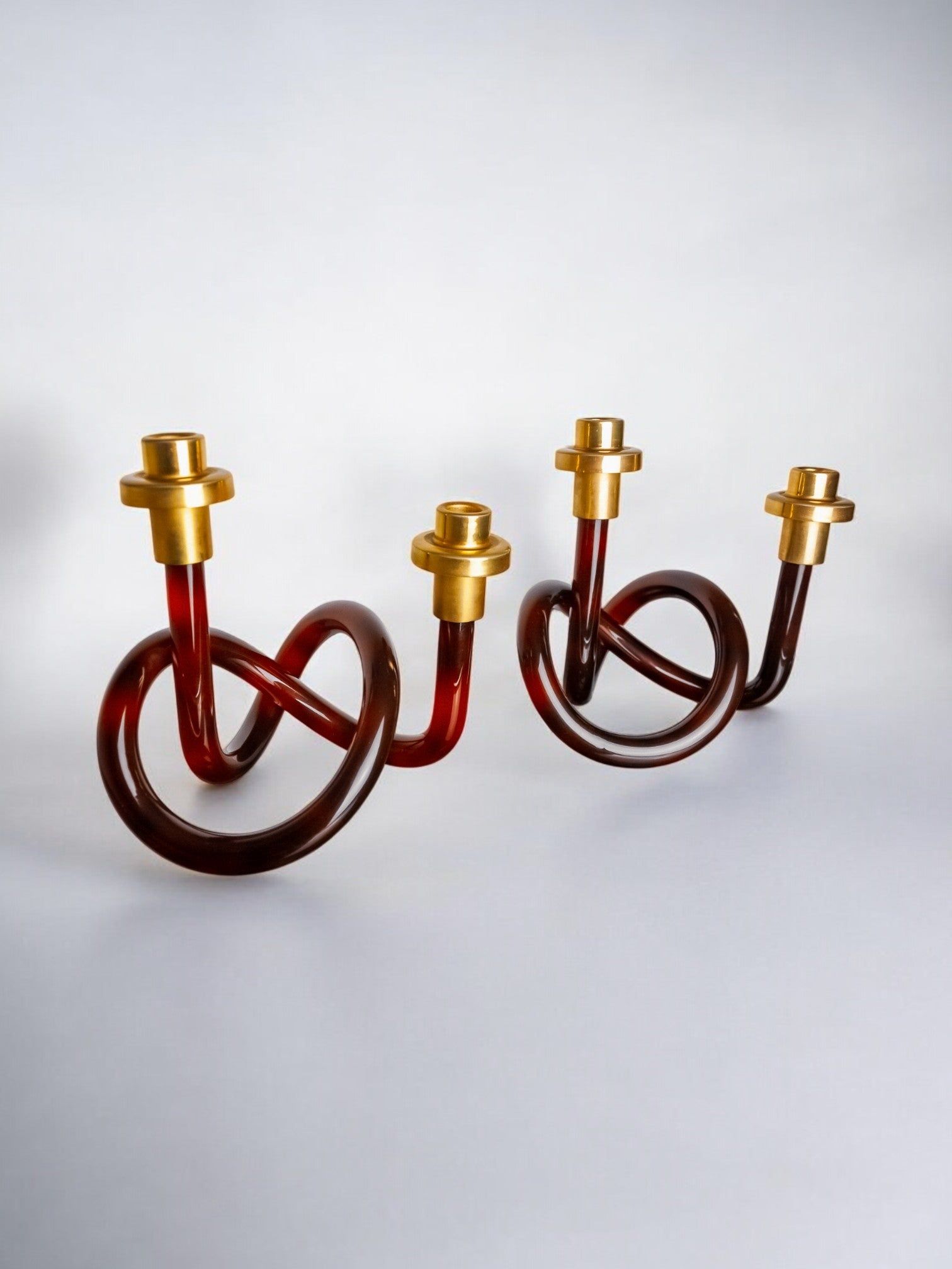 Pair of Candleholders by Dorothy Thorpe, 1970s — side angle showing red and brown glass design