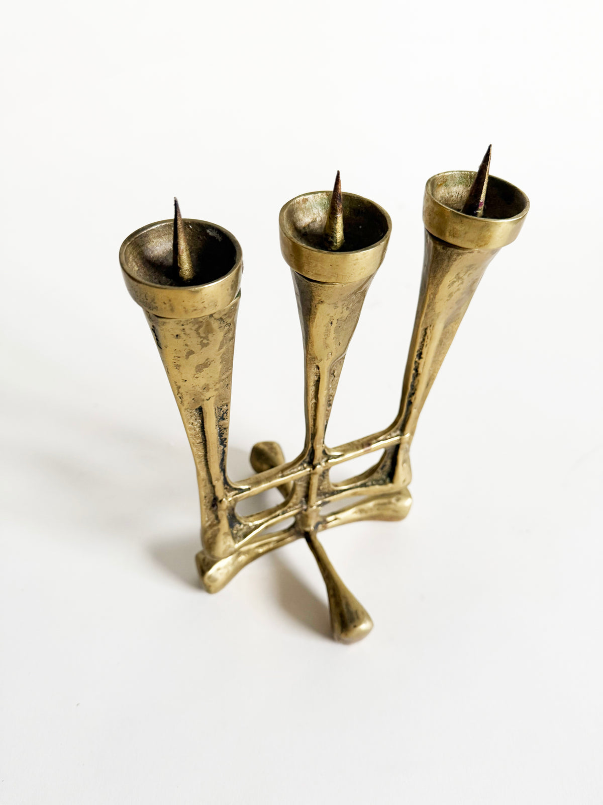 Heavy Brass Brutalist Candelabra — detail view