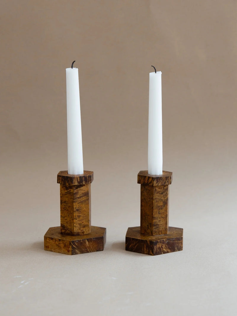 1930s Hexagonal Candlesticks in Elm Burl by Galerie Storm | The Oblist — handcrafted wood, vintage design