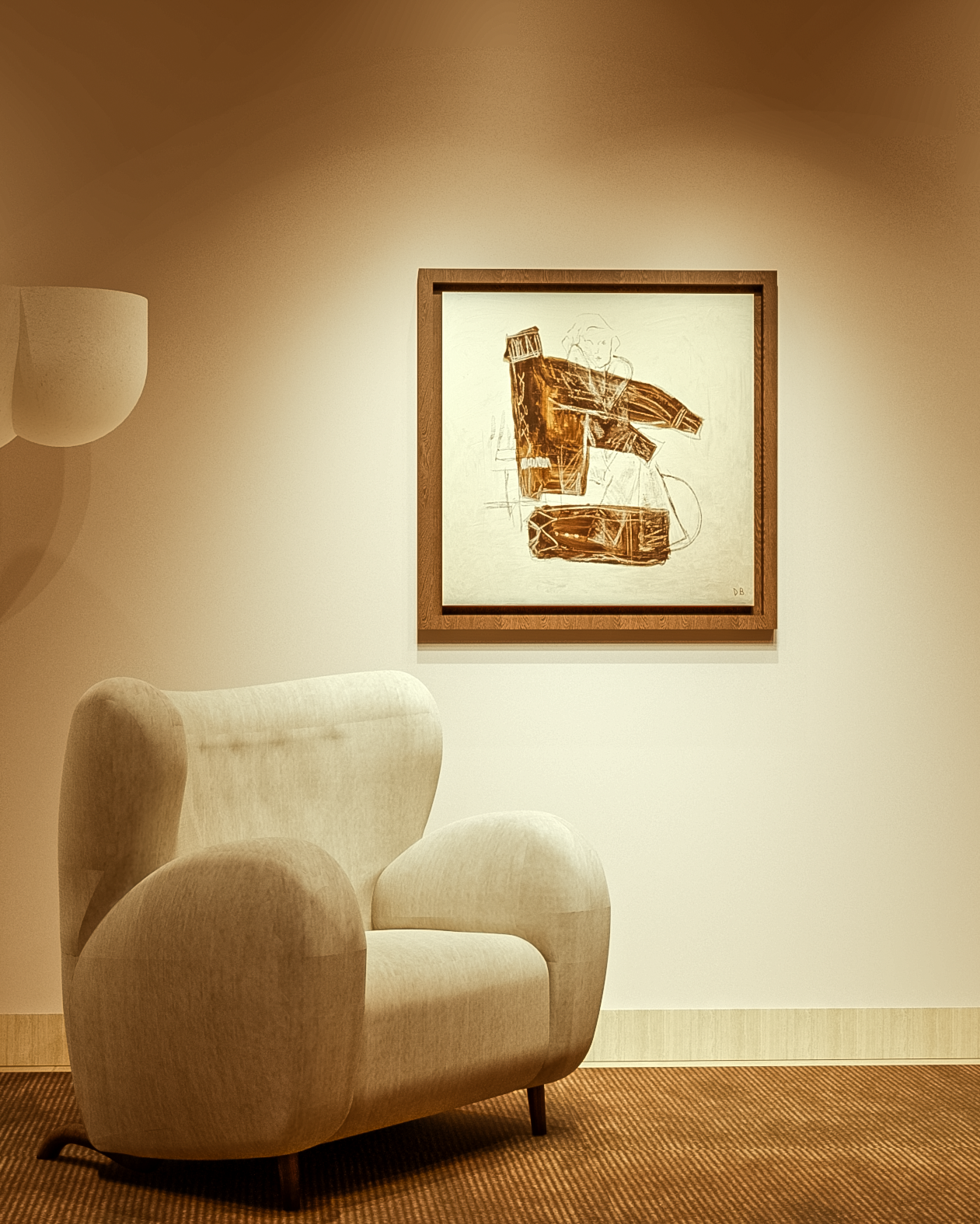 The quiet pile" painting — framed artwork above modern beige armchair