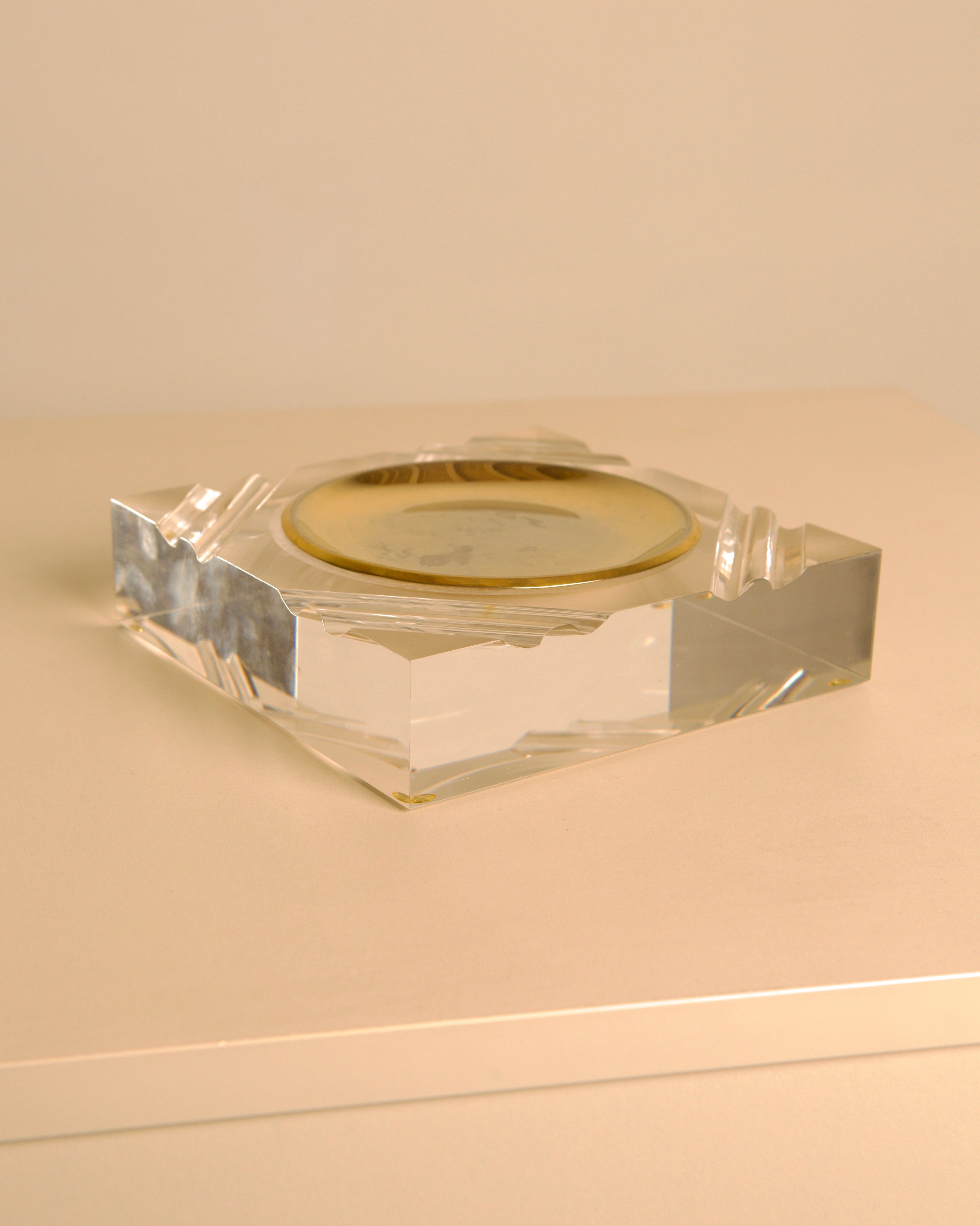 Italian clear lucite & gilt metal ashtray vide-poche 1970's — lifestyle setting