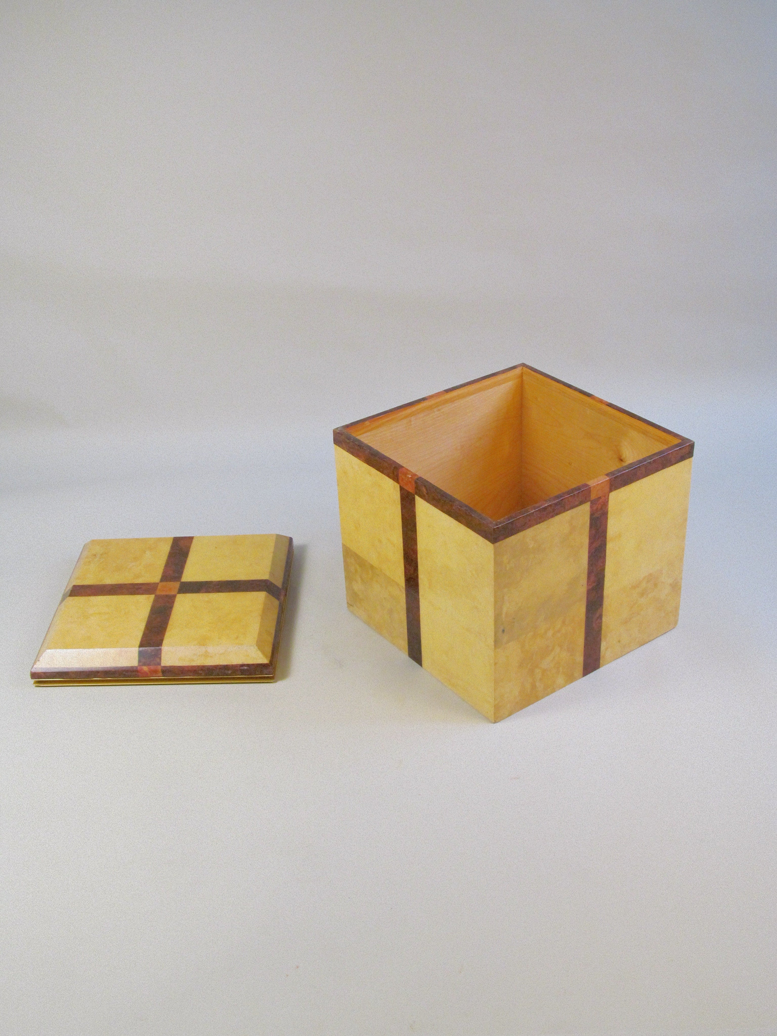 Lacquered Parchment and Walnut Cube, c.1980 — close-up of box with lid removed