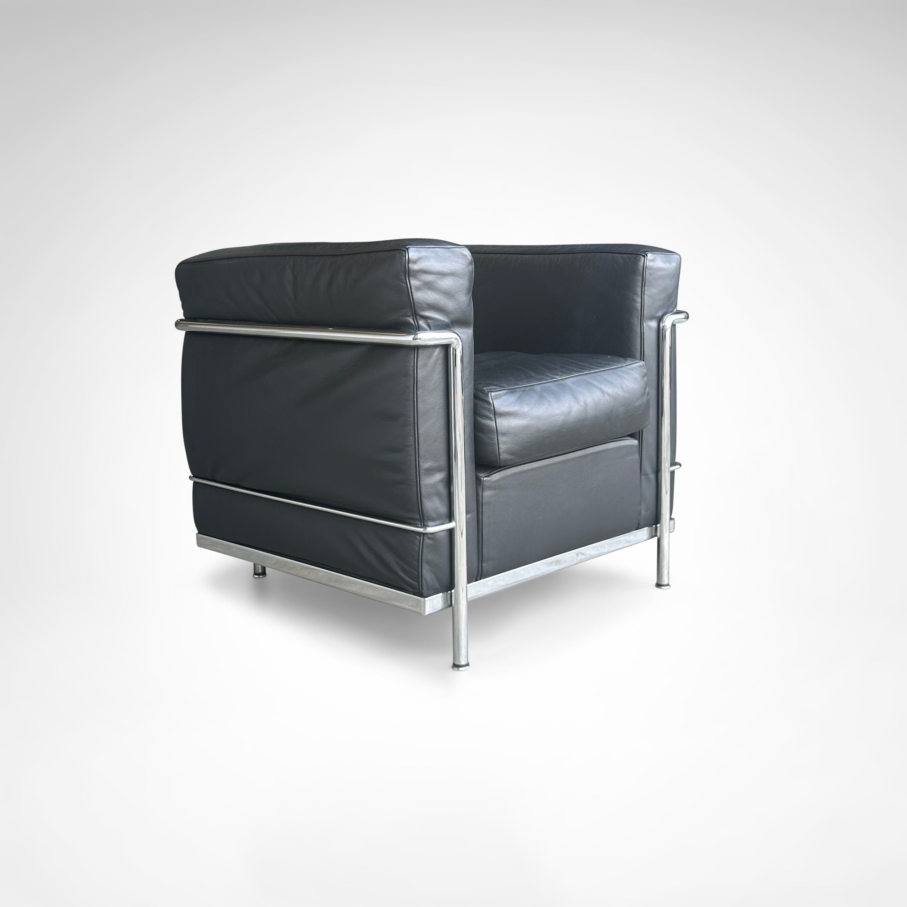 LC2 Armchair by Le Corbusier et al. for Cassina 1990s — angled view showing black leather upholstery